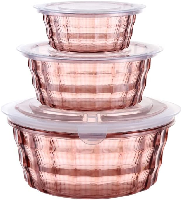 Taiuloo Set of 3 Salad Bowls with Lids, Food Storage Bowls with Lids & Handles, Meal Prep Nesting Bowls for Lunch, BPA Free Food Storage Containers, Plastic Salad Serving Bowl Set, Pink