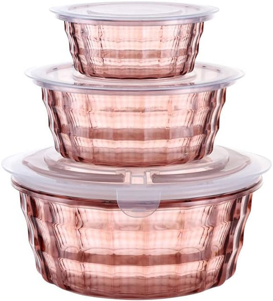 Taiuloo Set of 3 Salad Bowls with Lids, Food Storage Bowls with Lids & Handles, Meal Prep Nesting Bowls for Lunch, BPA Free Food Storage Containers, Plastic Salad Serving Bowl Set, Pink