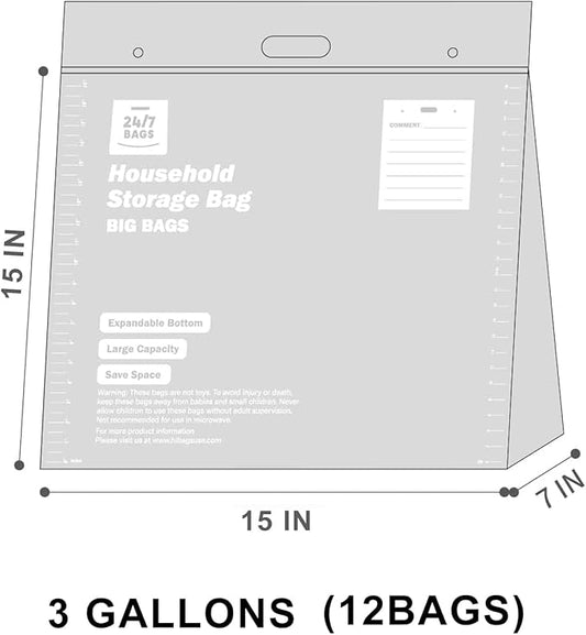 12 Large Plastic Storage Bags, 3 Gallons, Zero BPA, Double Zipper Seal, 3 Mils Thick, Double Layer Carry Handle, 15"x15"x7", Moving, Seasonal, Travel