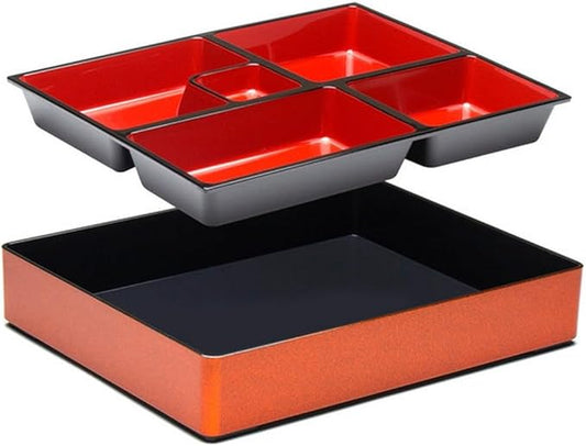 JapanBargain 1592, Red and Gold Japanese Traditional Plastic Lacquered Lunch Bento Box 5 Compartments for Restaurant or Home Tray and Plate 2pc Set Made in Japan, 11.75"x9.5"
