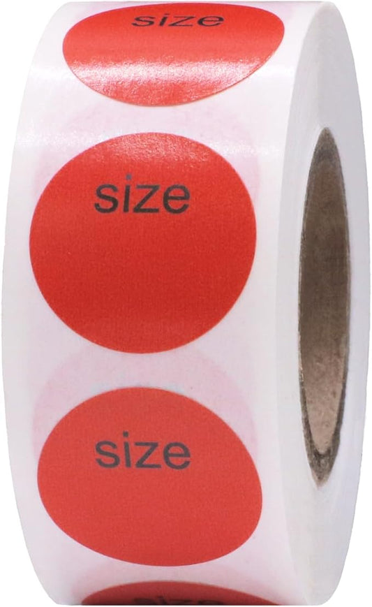 Shoe Size Blank Red Stickers for Retail Clothing – 3/4 Inch Round, 500 Semi-Gloss Adhesive Labels Per Roll with “Size” Text for Custom Shoe Labeling – Made in The USA