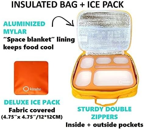Bento-Box with Bag and Ice Pack. Lunch Boxes Snack Containers for Kids Boys Girls Adults. 6 Compartments, Leakproof Portion Container Boxes Insulated Bags for School Lunches, BPA Free, Orange