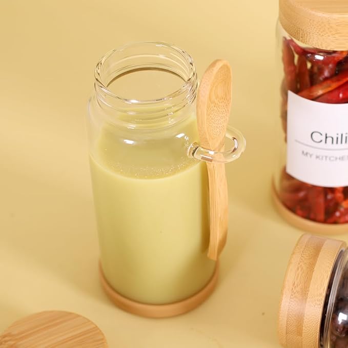 SAIOOL 4 Pack Glass Storage Containers with Bamboo Lids and Spoon,Overnight Oats Containers with Lids,with Anti Slip Silicone Base,Seasoning Organizer,Spice Jars (Bamboo 11.8OZ*4)