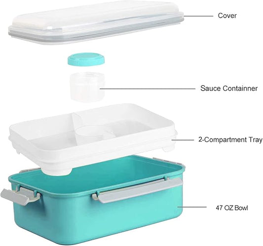 3 Pack Salad Lunch Box Food Storage Containers, 47oz Bento Box To Go Container with Lids, Meal Prep Containers with Removable Tray & Dressing Pots for Kids and Adults, Reusable and Microwave Safe