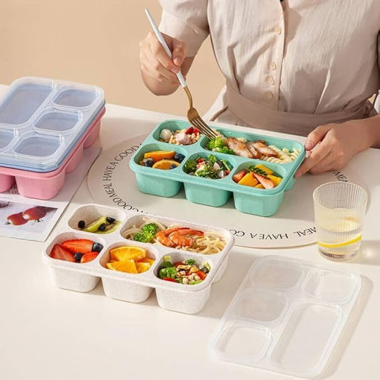 4 Pack Adult Lunch Box Snack Box for Kids, 5 Compartment Meal Prep Containers Reusable Portion Control Containers Wheat Straw Lunch Box Food Storage Containers for School, Work, Travel