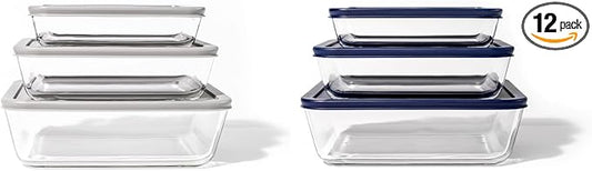 12-Piece Glass Food Storage Containers Set (6 Containers + 6 Lids) |Rectangular, Nesting, Microwave & Dishwasher Safe|BPA-Free, Space-Saving | Color Lids for Pantry & Kitchen Organization