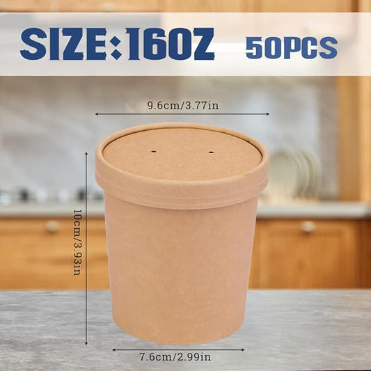 16 oz 50 Pack Pack Paper Soup, Foods or Ice Cream Containers with Lids, Disposable Paper Food Cups, Soup Storage, Ice Cream Cups, Great For Restaurants or To-Go Lunch