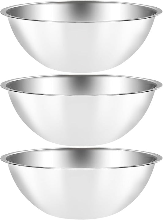 Suwimut 3 Pack Stainless Steel Mixing Bowls, 5 Quart Flat Base Stainless Steel Serving Bowls, 13 Inch Mirror Polish Large Metal Bowl Set for Kitchen Cooking, Baking, Prepping