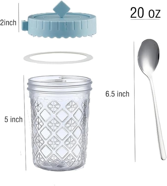 20 OZ Glass Overnight Oats Containers with Lids and Spoons, 4 Pack Wide Mouth Glass Mason jars with Airtight Lids, Meal Prep Jars for Fruit, Cereal, Yogurt, Fridge Dishwasher Safe (Blue)