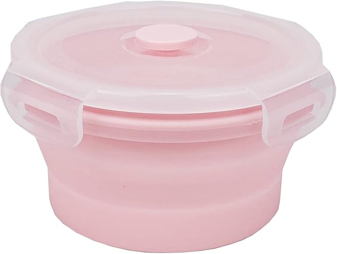 CCyanzi 3piece Round Collapsible Bowl with Lids, Silicone Food Storage Containers, Microwave & Freezer Safe, Space Saving for Kitchen Cabinet and Camping Backpack,(Pink)