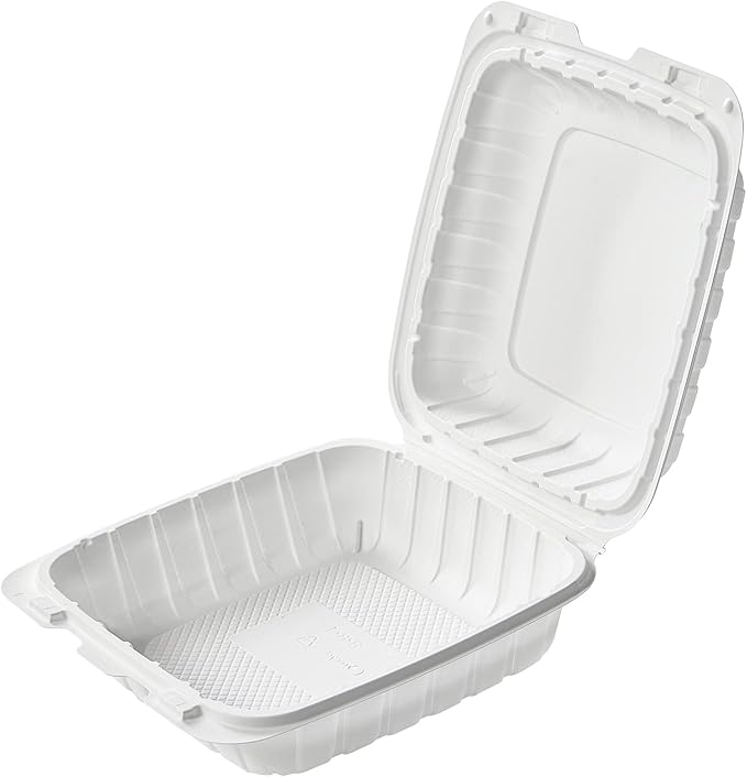 FULING [8x8-Inch, 50 Pieces Disposable To Go Box Containers, Plastic Clamshell Takeout Food Trays, Microwave Safe, Cut Resistantstable Hinged Lid, Hybrid Polypropylene, White