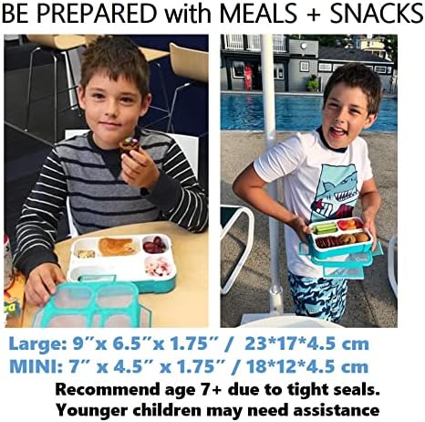 Bento Lunch-Box Set for Kids includes Snack Container | 6 and 3 Compartment Boxes Leakproof School Bentos or Meal Portion Control Containers BPA Free, Boys Girls Adults, Teal Large + MINI 2 pack