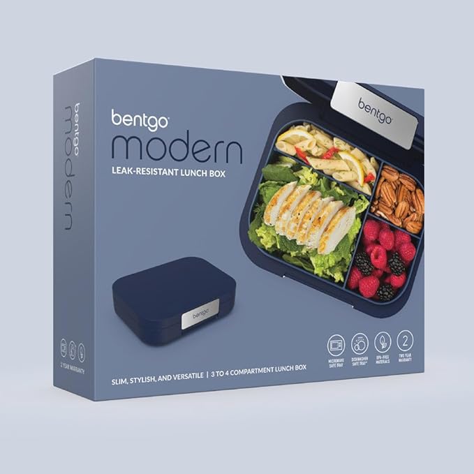 Bentgo Modern - Leak-Resistant Bento Lunch Box For Adults, Teens, & Larger Appetites; Reusable BPA-Free Meal Prep Container with 3 or 4 Compartments, Dishwasher/Microwave Safe; 44oz (Navy)