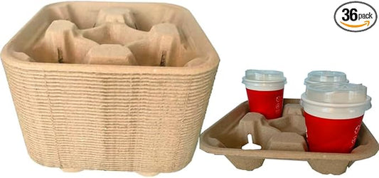 Disposable 4 Cup Drink Carrier Trays, Biodegradable Pulp Fiber Coffee Carry Tray, Compostable No Spill Drink Cup Holder for Hot Cold Beverages, Car, Food Delivery, Restaurants and Cafes Shop (36 Pack)
