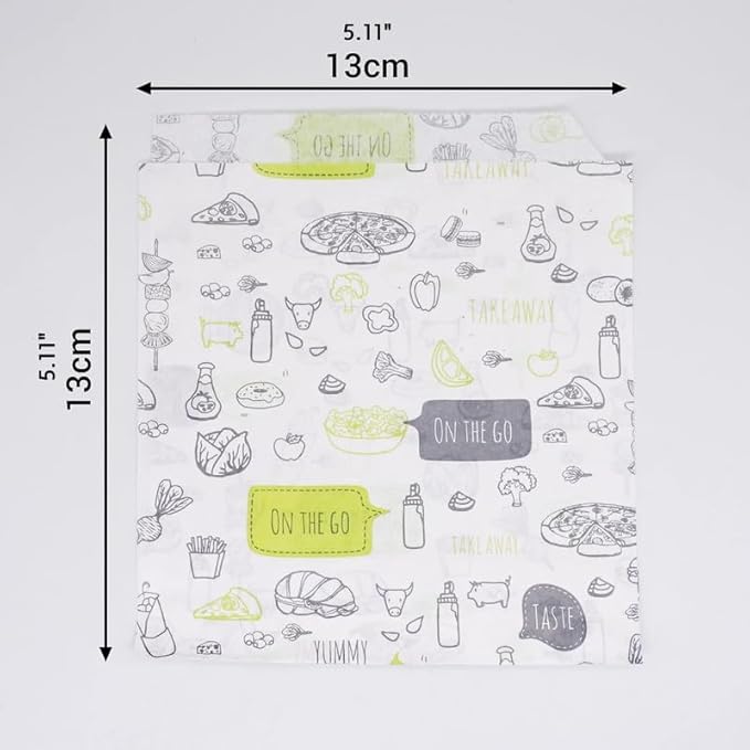 (Pack of 200) Paper Bags for Food Packaging 5.11" x 5.11" (13 x 13 cm), Greaseproof Fast Food Bags, Food Packaging, Burger Bags