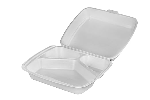 Concession Essentials Pack of 30CT Large 9 x 9 x 3.5 Inch Foam 3-Compartment Containers, White, Hinged, with Optional Venting, Polystyrene, 9"L x 9"W x 3.5"H