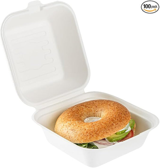 Restaurantware Pulp Safe No PFAS Added 15 Ounce Clamshell Boxes 100 Disposable Containers - Home Compostable Microwavable And Freezable White Bagasse Containers With Built-In Hinged Lid