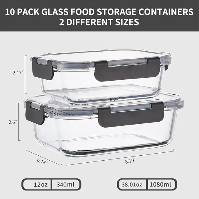 10 Pack Glass Meal Prep Containers, Glass Food Storage Containers with Lids, Reusable Airtight Leakproof Glass Lunch Bento Boxes Freezer, Microwave Oven and Dishwasher, Gray