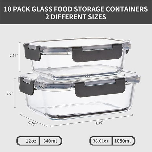 10 Pack Glass Meal Prep Containers, Glass Food Storage Containers with Lids, Reusable Airtight Leakproof Glass Lunch Bento Boxes Freezer, Microwave Oven and Dishwasher, Gray