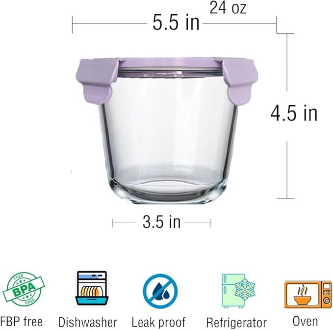 Glass Soup Containers with Lids, 3 Cup Round Glass Food Container Set, Leakproof Overnight Oats Jars, BPA-free kitchen Meal Prep Containers, Microwave, Freezer, Dishwasher Safe (Purple)