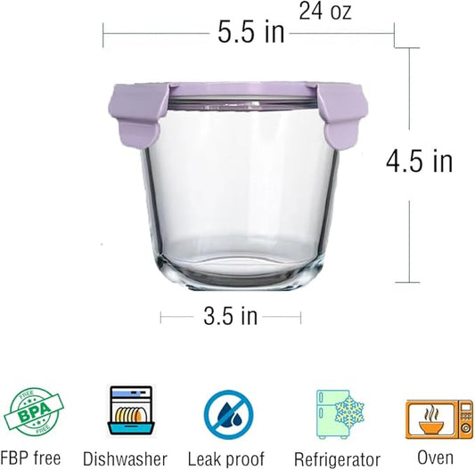 Glass Soup Containers with Lids, 3 Cup Round Glass Food Container Set, Leakproof Overnight Oats Jars, BPA-free kitchen Meal Prep Containers, Microwave, Freezer, Dishwasher Safe (Purple)