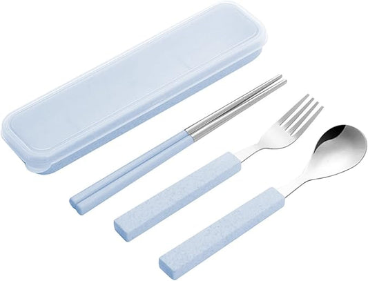 VANRA 3-Piece Children Utensils Set 18/8 Stainless Steel Child Flatware Set Silverware Spoon Fork Chopstick Set with Travel Case for Kids Lunch Box