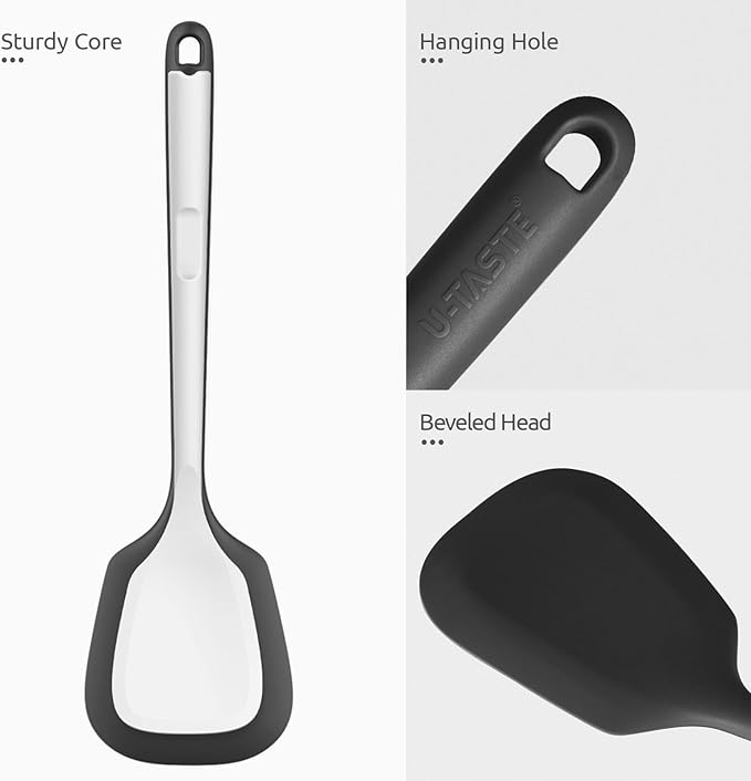 U-Taste 600ºF Heat Resistant 13.6in Long Solid Silicone Turner Spatula, and 18/8 Stainless Steel Square Measuring Spoons Set of 8 (Black+Silver)