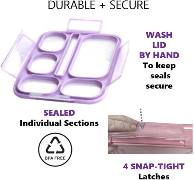 kinsho Glitter Lunch Box Bento-Boxes for Girls, Meal and Snack Containers for Toddler Daycare, School, Travel, 6 Divided Sections, Cute Bentobox, Leak-Resistant, Utensils, Purple Lilac Sparkle