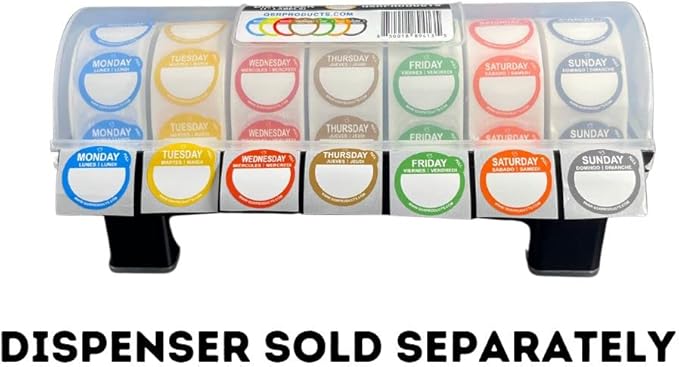 Removable Day Label - 1 inch - Peel Tab - Week (Mon-Sun) (7000 Stickers) - Food and Restaurant Day Dots - FIFO - Inventory Management Labels - Meal Prep Stickers - Gift Tags