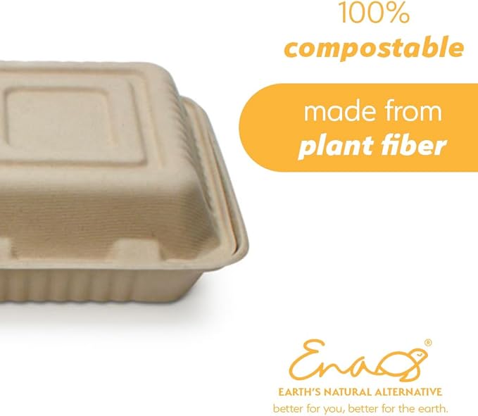 100% Compostable Disposable Food Containers with Lids [8”X8” 3-Comp 200 Pack] Eco-Friendly Take-Out TO-GO Containers, Heavy-Duty, Biodegradable, Unbleached by Earth's Natural Alternative