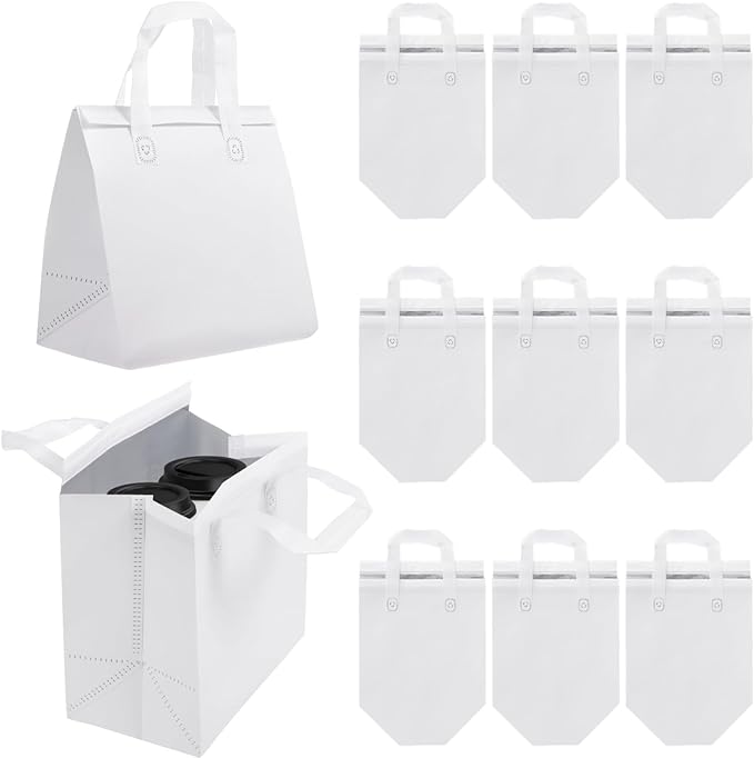 OMISTAR 50 PCS Insulated Take Away Bags, 9.5 x 6 x 9.5 Inches Bulk Food Bags Thermal Insulation for Coffee Milk Tea, Hot Cold Food Cooler Bags Pizza Delivery Bags for Restaurant Grocery
