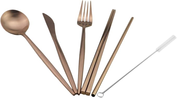 Reusable Travel Utensils, 7 Piece Portable 304 Stainless Steel including Knife Fork Spoon Chopsticks Cleaning Brush Straws Portable Pouch, Eco-friendly Camping Silverware Set, Dishwasher Safe