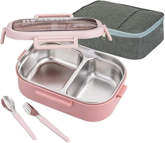 Lille Home 28oz Stainless Steel Leakproof 2-Compartment Bento Lunch Box/Portion Control Food Container with Lunch Bag and Cutlery Set, BPA Free (pink)