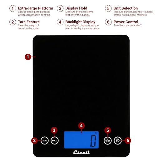 Escali 2210IB ArtiXL Extra-Large Glass Digital LCD Display Kitchen Scale, Measures Liquid and Dry Ingredients, Tare Function, 22lb Capacity, Black