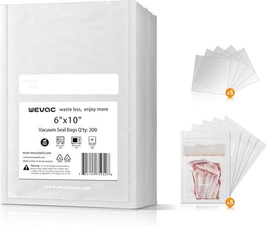 6" x 10" Precut Vacuum Sealer Bags, 200 Count, Includes 5 Liquid Block Bags & 5 Bone Guard Pieces, Heavy Duty for Food Storage, Sous Vide & Meal Prep, Wevac