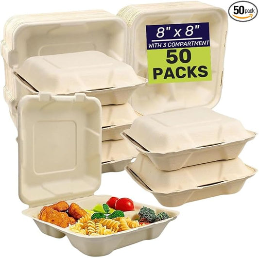 sogreenpack Disposable Clamshell 8x8 with 3 Compartments - 50 Packs Take-Out Container Bagasse Biodegradable & Eco-Friendly To Go Container for Food, 100% Compostable