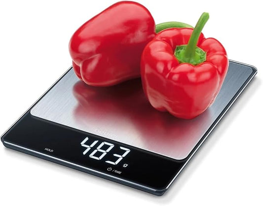 Beurer KS34 Digital Kitchen Scale - Precise Scale for Food Ounces and Grams, 33lbs Capacity, XL Weighing Platform for Meal Prep, Magic Display, Tare Function - Batteries Included - Black Glass