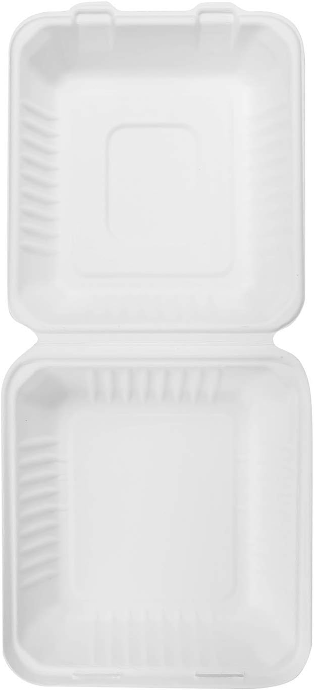 KARAT EARTH Clamshell Take Out Food Containers [8"x8", 200 ct ] Compostable To Go Containers, Natural Biodegradable Bagasse, Made of Sugarcane Fibers | White