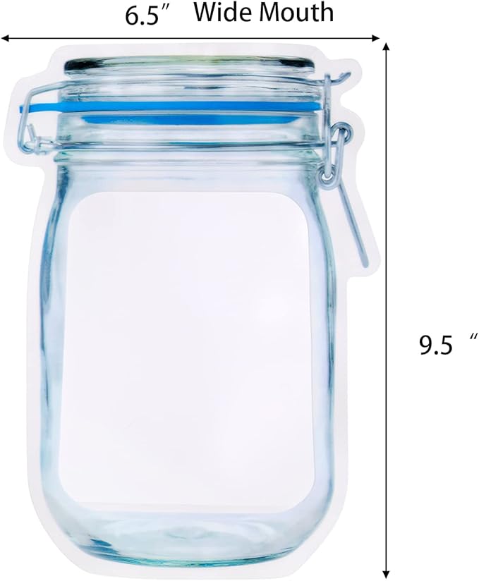 Jucoan 50 Pack Large Wide Mouth Mason Jar Zip Snack Bags, Reusable Airtight Leakproof Plastic Food Storage Zipper Saver for Home Kitchen Freezer Camping Travel Picnic