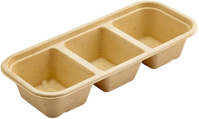 Restaurantware Pulp Tek 9.2 x 3.8 x 1.8 Inch Takeaway Food Boxes 100 Microwavable Take Out Containers - Lids Sold Separately Freezable Bagasse Catering Food Containers 3 Compartments 17 Ounces