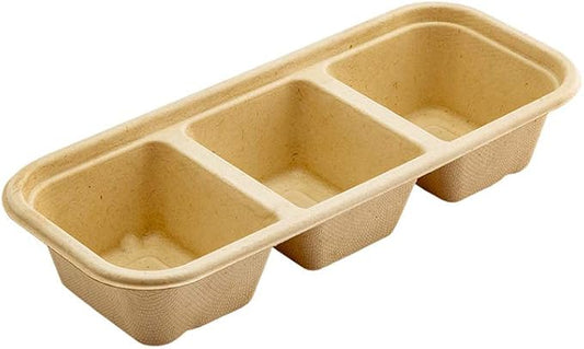 Restaurantware Pulp Tek 9.2 x 3.8 x 1.8 Inch Takeaway Food Boxes 100 Microwavable Take Out Containers - Lids Sold Separately Freezable Bagasse Catering Food Containers 3 Compartments 17 Ounces