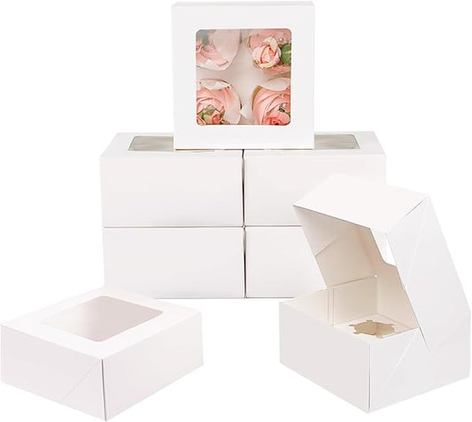 qiqee Auto-pop Up 4 Cupcake Boxes with Window White 30 Packs Cupcake Box 6.3"x6.3"x3" Bakery Boxes For Cupcakes Carrier, Cupcake Containers