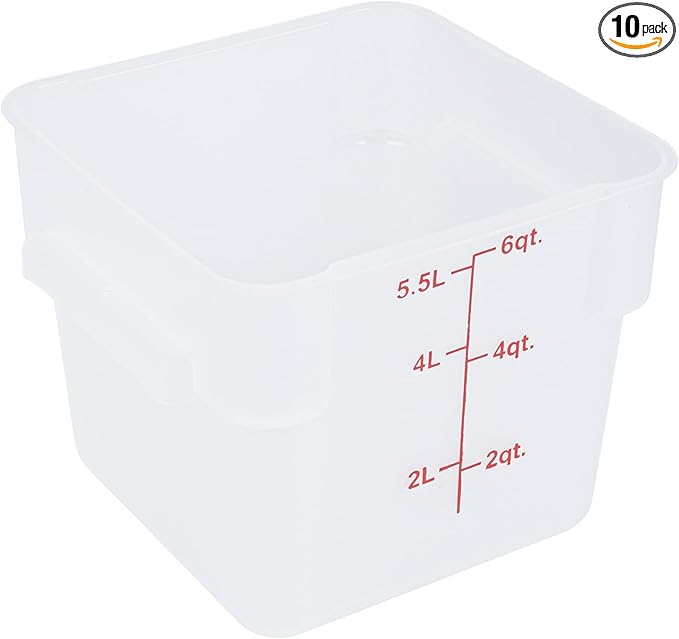 Restaurantware-Met Lux 6 Quart Food Storage Containers, 10 Translucent Storage Containers - Lids Sold Separately, Red Volume Markers, Dishwashable Containers, Side Handles, For Storing Foods