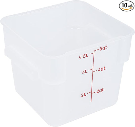 Restaurantware-Met Lux 6 Quart Food Storage Containers, 10 Translucent Storage Containers - Lids Sold Separately, Red Volume Markers, Dishwashable Containers, Side Handles, For Storing Foods