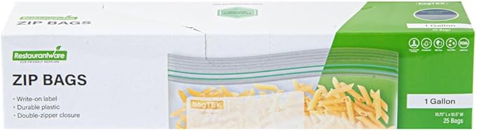 Restaurantware Bag Tek 1 Gallon Storage Zip Bags 25 Disposable Zipper Pouch Bags - Double Zipper Greaseproof Clear Plastic Zip Bags With Write-On-Label For Food Organization And Storage