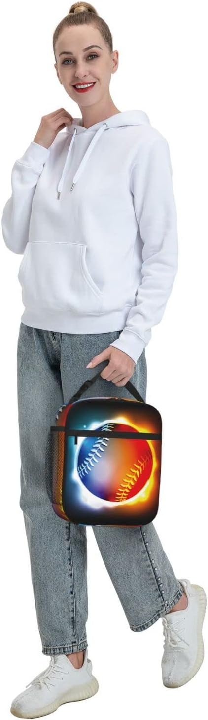 SARA NELL Cool Growing Fireball Lunch Box Baseball Lunch Bag Insulated Reusable Portable Lunch Tote Cooler Bag for Women Men Teens Kids, Office Work School Travel Lunchbox