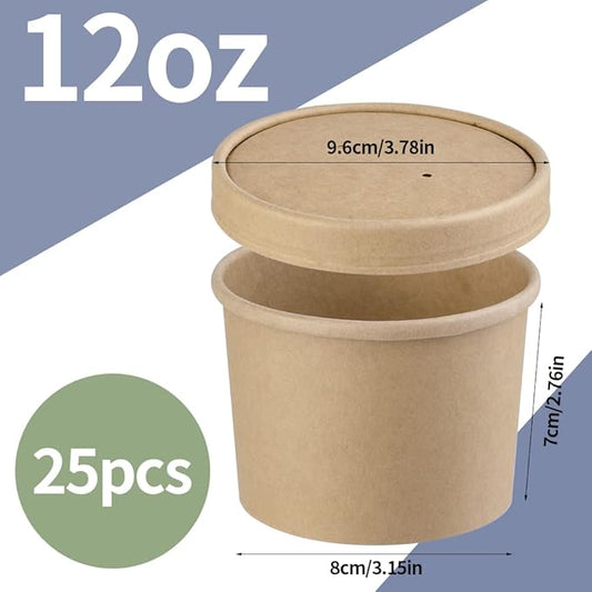 12 oz 25 Pack Paper Soup Containers with lids, Disposable Kraft Food Cups, Soup Cups Paper Ice Cream Cup, Dessert Cup, Yogurt Ice Cream Containers. Great For Restaurants, Take Outs, or To-Go Lunch