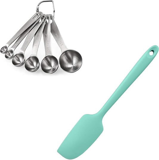18/8 Stainless Steel Measuring Spoons Set for Dry and Liquid Ingredients (Set of 6), and 9×2inch 600ºF Heat-Resistant Food-Grade Small Mini Silicone Spatula (Aqua Sky)