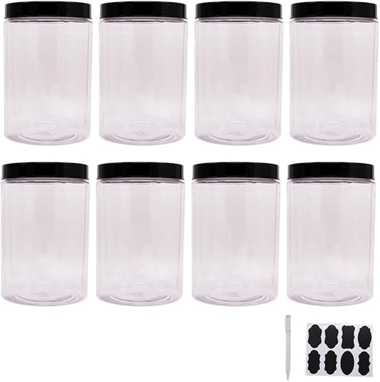 8 Pack 25 oz Plastic Jars With Lids, Extra Labels, 1 Pen, Clear PET Seal Jar for Food Storage,Wide Opening Storage jar For Dry Food, Peanut, Powder, Kitchen & Craft Storage