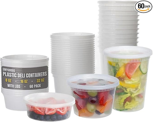 Plastic Deli Containers with Lids Combo Set, 32oz 16oz 8oz Food Storage Containers with Lids, Stackable, Leakproof, BPA Free, Microwave and Freezer Safe for Meal Prep, Salad, Snacks.